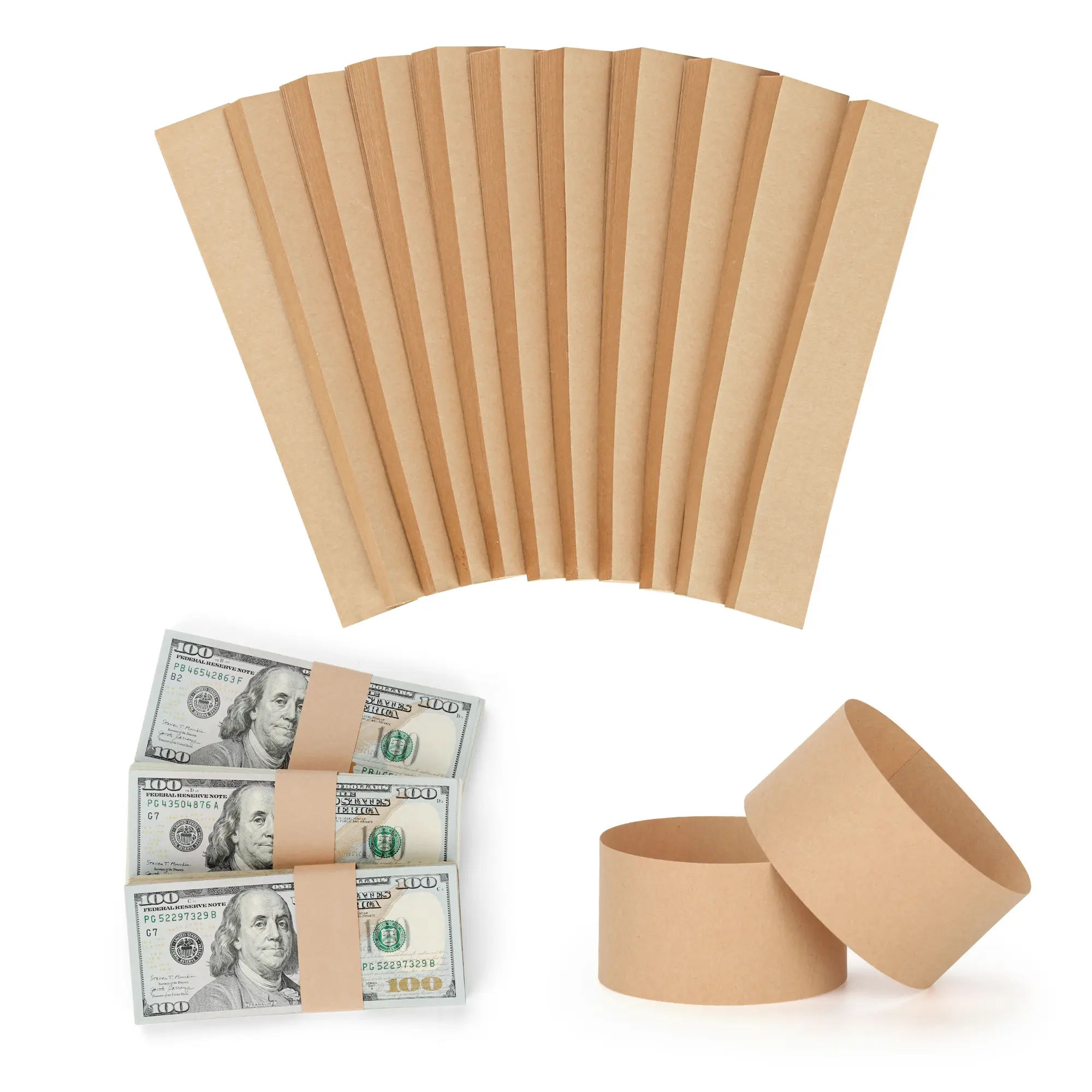 PONNOR Plain Blank Natural Kraft Brown Self-Adhesive Cash Bands, 550-Pack Currency Straps (7.6x1.15 In) for Office Bill Wrappers, Easy-to-Write Cash Organizer Supplies