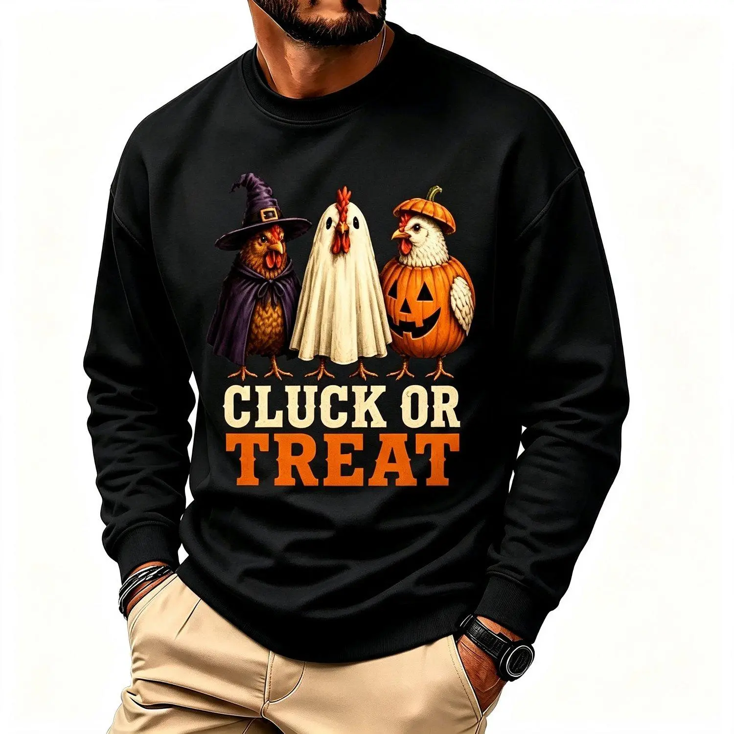 Crew neck sweatshirt with Cluck or Treat Funny Halloween Chicken Costumes graphic design casual comfortable pullover top for men women unisex fashion style