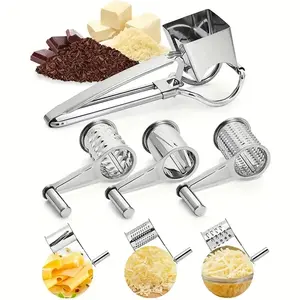 Stainless Steel Rotary Cheese Grater Set, Manual Drum Handle, Adjustable Coarseness, Ideal for Cheese Vegetables Fruits Nuts, Rotary Cheese Shredder