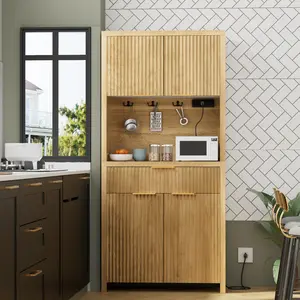 Aowos  Kitchen Pantry Cabinet with Drawer, Food Storage Cabinet with Adjustable Shelves, Microwave Stand Pantry with Charging Station, Modern Boho Hutch Cabinet with Storage for Dining Room, Natural Oak,Black, White