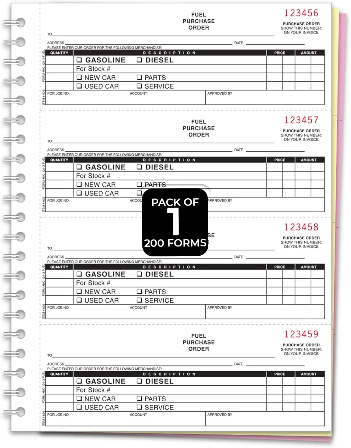 Fuel Purchase Order Book (NC-124-3-Fuel) - 8.5" x 11" 3-Part Carbonless Forms, NCR Fuel PO Book, Black Ink Red Numbering, Automotive Dealership Use, White Canary Pink - 200/Book, Book of 1
