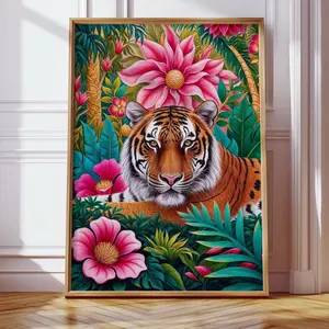 Bold Maximalist Tiger Art Print, Colorful Jungle Wall Art, Tropical Floral Animal Poster, Boho Jungle Decor – 5 Size, 8x12 to 27x40 inch, Room Decor, Unframed