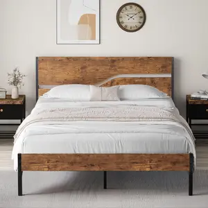VECELO Platform Wooden Bed Frame Rustic Wood Headboard with Metal Slat Support Twin Full Queen Size No Box Spring Needed Black Brown Estructura De Cama