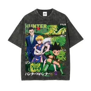 Hunter x Hunter Vintage Washed Menswear Short-Sleeve Classic Round Neck T-Shirt, 260g DTG Heavyweight Oversized Stylish Graphic Tee with Gon, Killua, Kurapika, Leorio Prints, Retro Anime Streetwear Crewneck for Fans, Gym & Casual Wear