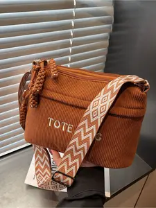 Vintage Corduroy Letter Print Textured Bag Crossbody Bag Adjustable Wide Strap Daily Outing Commute Versatile Women Shoulder Bag Casual Crossbody Bags