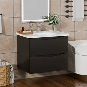 Black Floating Bathroom Vanity With Sink, Wall Mounted Bathroom Cabinet With 2 Drawers, Modern Bathroom Storage Vanity Set For Bathroom
