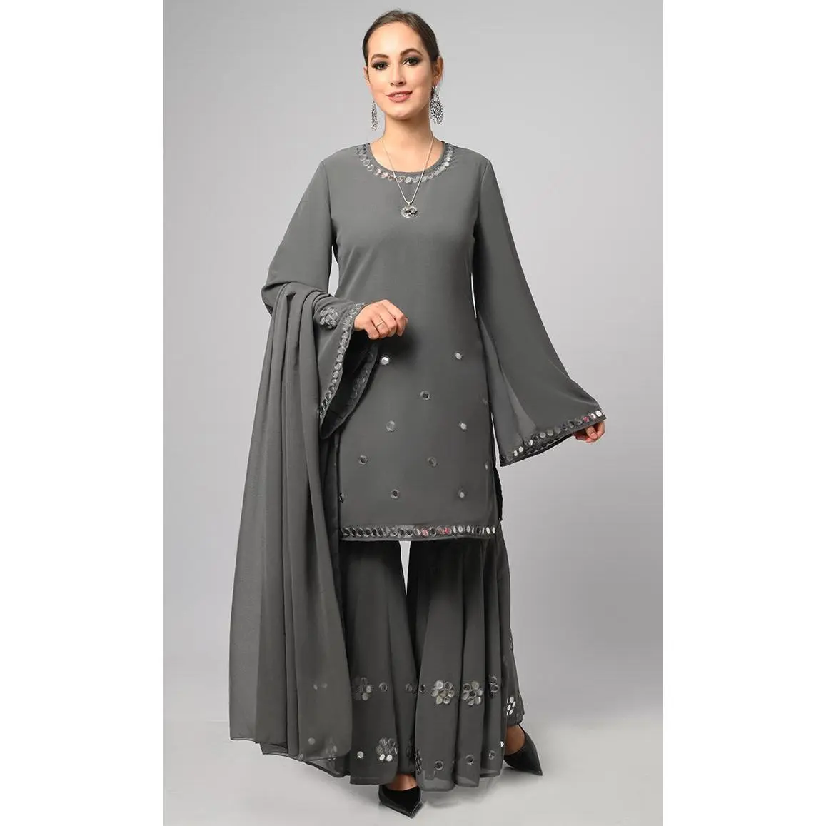 Grey Georgette Flared Palazzo Kurta Set With dupatta