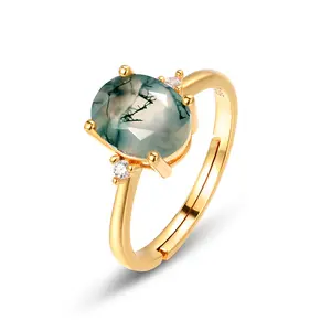 Retro Style Genuine 925 Sterling Silver Green Crystal Ring Adjustable Size Oval Natural Green Moss Agate Engagement Ring Valentine Gift for Girlfriend