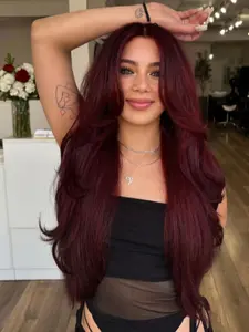 26inches Burgundy Red Colored 13x4 Free Part Synthetic Lace Front Wigs For Women And Girl Long Weavy Hair Wig For Daily Use Natural Looking Wig Wavy Texture Long Length Versatile Usage Deep Wave Wig