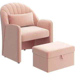 Yaheetech Velvet Barrel Chair with Footrest, Modern Upholstered Accent Chair Reading Chair with Storage, Lumbar Pillow for Living Room, Bedroom, Vanity Area