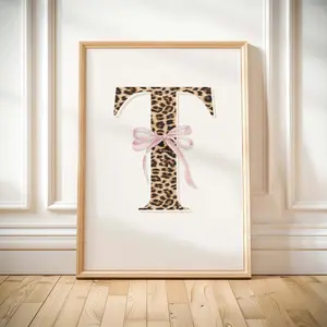 Custom Initial Letter Leopard Print Personalised Monogram Bow Poster Nursery Print Gift for Girly Dorm Decor Alphabet Wall Art
