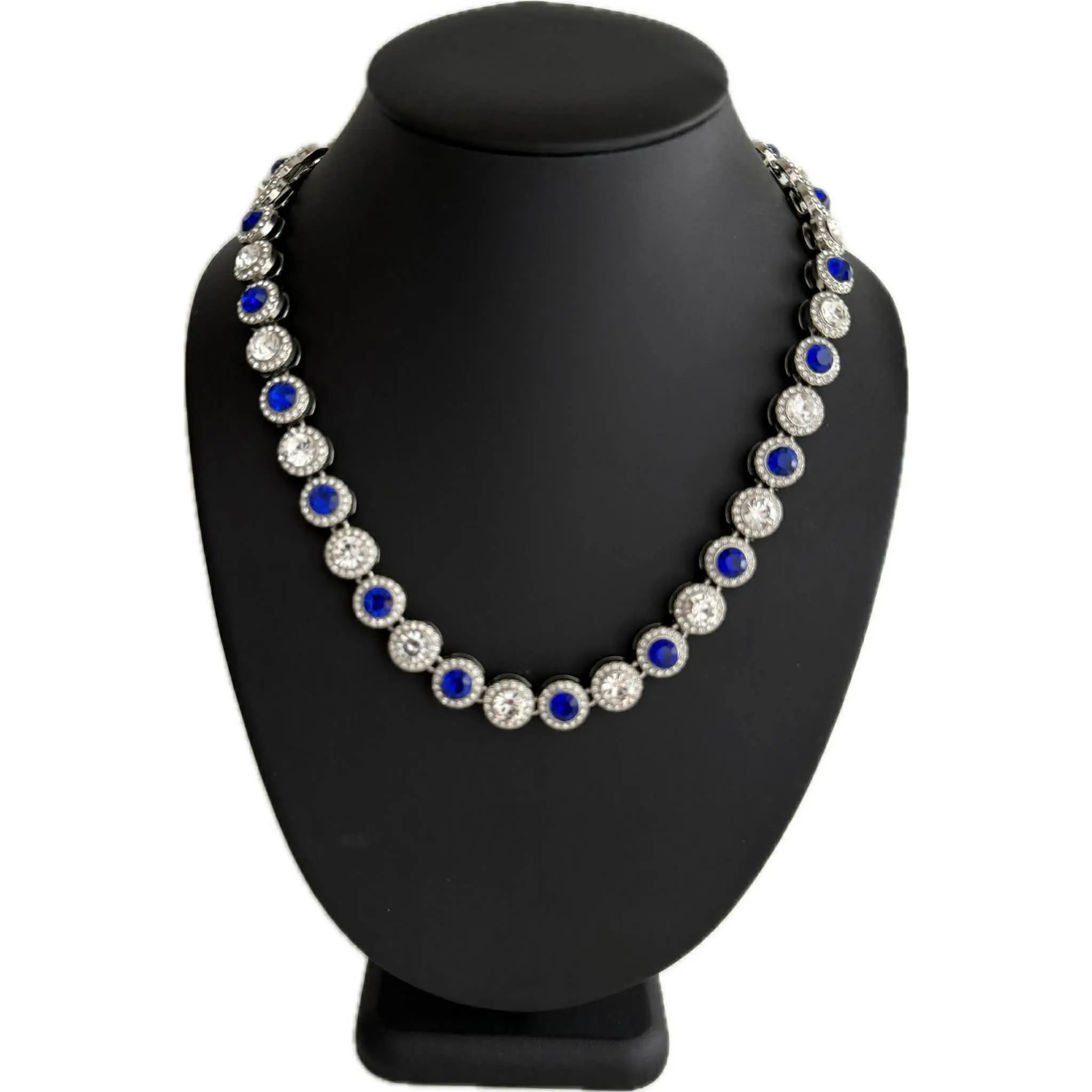 Team Colors Collection Iced CZ Silver Cluster Baseball Player Chain Necklace Royal Blue White