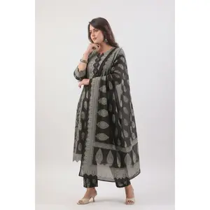 Elegant Black & Teal Floral Block Print Kurta Set – Premium 3-Piece Ethnic Wear