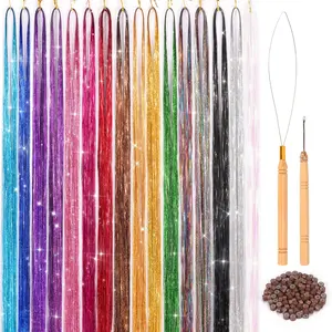 16 Colors Hair Tinsel Kit 48 Inches 3300 Strands Tinsel Hair Extensions for Cosplay Party Highlights Sparkling Glitter Hair Synthetic Braided Wigs