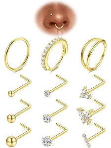 14K Gold Plated Nose Rings for Women - Hypoallergenic Surgical Steel Nose Ring Hoops 20G CZ Screw L Shaped Nose Studs Nose Piercings Jewelry Body Piercing Jewelry for Women Men Hinged Nose Hoops