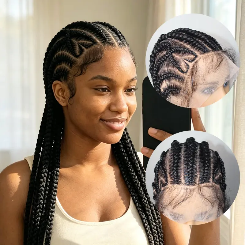 DOSAY 32-Inch TikTok Trending Heart Braided Wigs Full Lace Frontal Cornrow Wig for Black Women Glueless Knotless Box Braid Hair Wig with Baby Hair Synthetic Ghana Feed in Weave Braiding Wigs Neatly and Tightly African Protective Hairstyles 1B