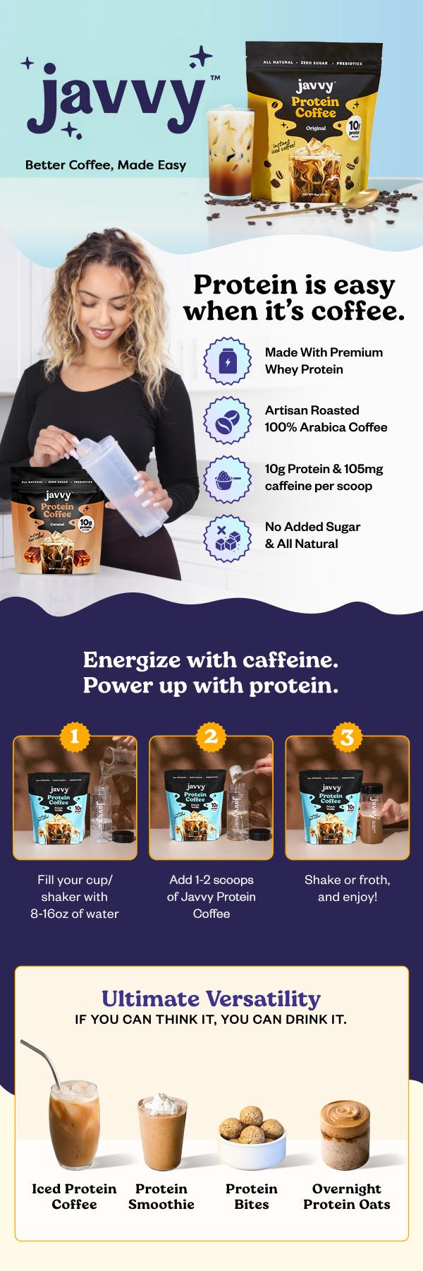 Javvy Coffee Instant Iced Protein Coffee - Premium Whey Protein & 100% Arabica Coffee - Zero Artificial Flavors & Sweeteners - Healthy Breakfast Drink Beans Beverage Natural Javvy Coffee Instant Iced Protein Coffee - Premium Whey Protein & 100% Arabica Coffee - Zero Artificial Flavors & Sweeteners - Healthy Breakfast Drink Beans Beverage Natural