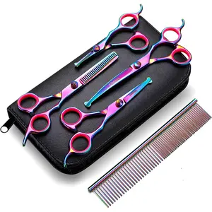 Gimars Professional 4CR Stainless Steel 6 in 1 Grooming Scissors for Dogs with Safety round Tip, Heavy Duty Titanium Coated Pet Grooming Scissor for Dogs, Cats and Other Animals Gimars