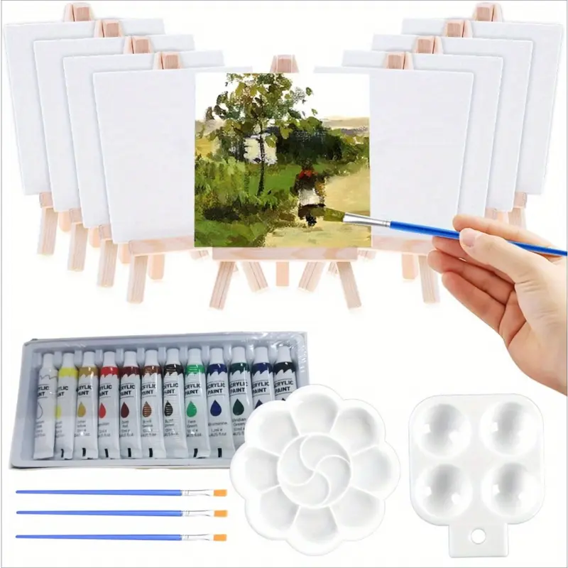 44 Pcs Mini Canvas Painting Set Includes 4x4 Inches Canvas,Paint Brushes,Paint Palette,Wooden Mini Easels with Art Canvas for Youth and Artists Art,Christmas Party Gifts,DIY Hand Tools Kits