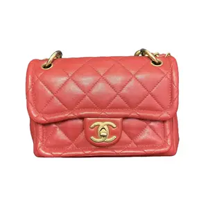 Pre-owned CHANEL Lambskin Shoulder Bags Quilted Flap Bag Red with Aged Gold Chunky Chain