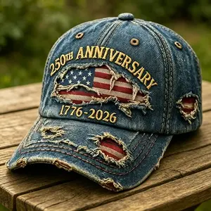 250th Anniversary 1776-2026 Distressed Denim Baseball Cap, American flag embroidery vintage washed hat. Relaxed fit for men, perfect casual outdoor wear for patriotic fans and holiday gifting.
