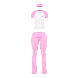 Yoga Lounge Set - Pink & White Top & Pants - Comfortable & Stretchy - Perfect for Home Workouts