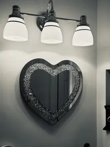 Crystal Crush Diamond Heart Shaped Silver Mirror with Silver Stainless Steel Chain for Wall Decoration 12x12x0.5 inch Frameless Glam Mirror