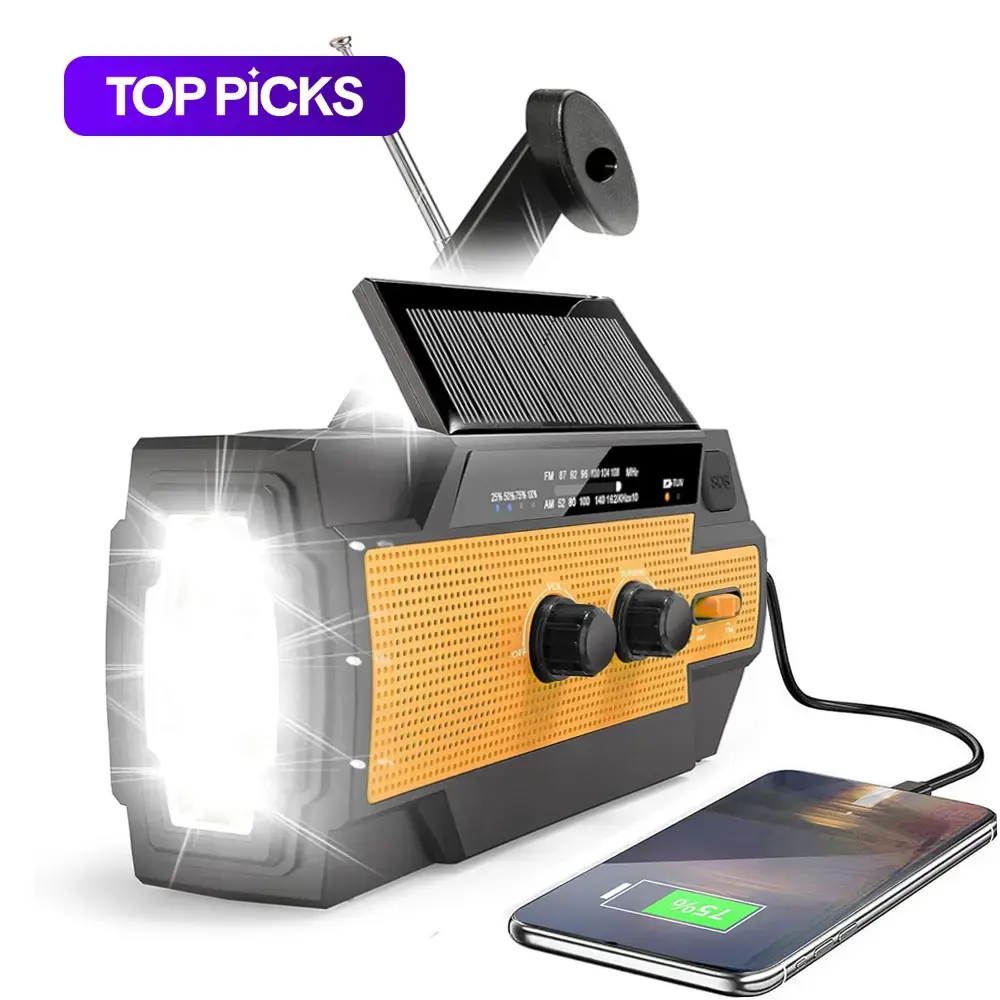 Solar Powered Emergency Hand Crank Radio, Rechargeable Emergency Radio, Portable Survival Radio, 4000mAh Solar Hand Crank Portable FM/AM Weather Radio with Flashlight, Cell Phone Charger, and SOS Alarm #TOP PICKS