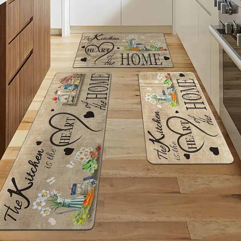 1pc Rectangle Vintage Flannel Soft Polyester Kitchen Mat - Floral Veggie Print, Jute Border, Thermocompressed, Multi-Size, Machine Washable, Non-Slip, Stain Resistant, Warmth Retention, Durable, Indoor Use Rustic Farmhouse Decor for Kitchen, Entryway