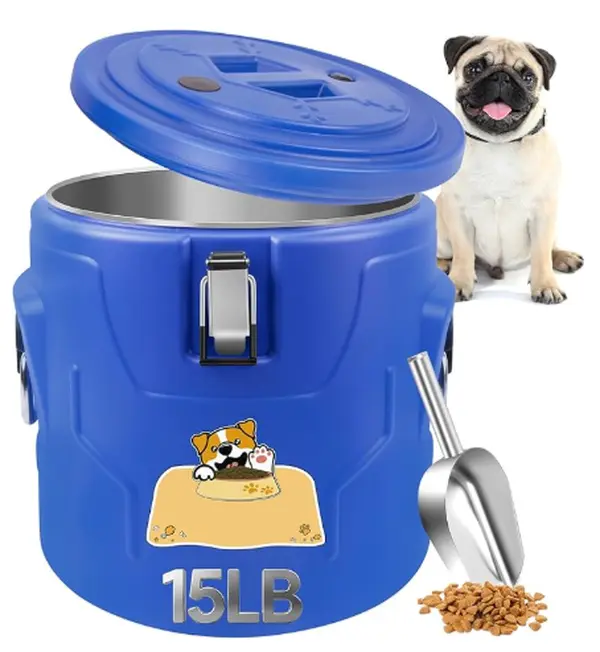 Stainless Steel Antiderrames Dog Food Storage Container, Airtight Metal Pet Food Bin with Scoop, 15lb-20lb Large Capacity, Keeps Kibble Fresh & Dry, Plastic-Free, Antiderrames Food Storage