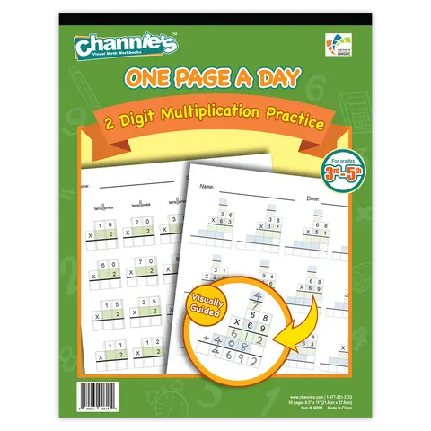 Channie's Math Workbook - Elementary School Education Textbook, 50 Pages, 1 Page/Day Double-Digit Multiplication Blocks, 25 Problems, Answer Keys Included, Double-Sided Visual Practice, Compact Travel Option, Easy to Teach for 3rd-5th Grades