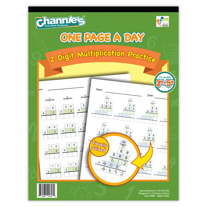 Channie's Math Workbook - Elementary School Education Textbook, 50 Pages, 1 Page/Day Double-Digit Multiplication Blocks, 25 Problems, Answer Keys Included, Double-Sided Visual Practice, Compact Travel Option, Easy to Teach for 3rd-5th Grades