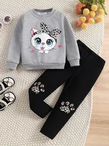 Two-Piece Set Toddler Girl's Cartoon Cat Print Sweatshirt & Pants Set, Cute Long Sleeve Round Neck Pullover & Leopard Paw Print Trousers, Cheetah Girls Outfits, Spring & Fall Clothes for Kids Outdoor
