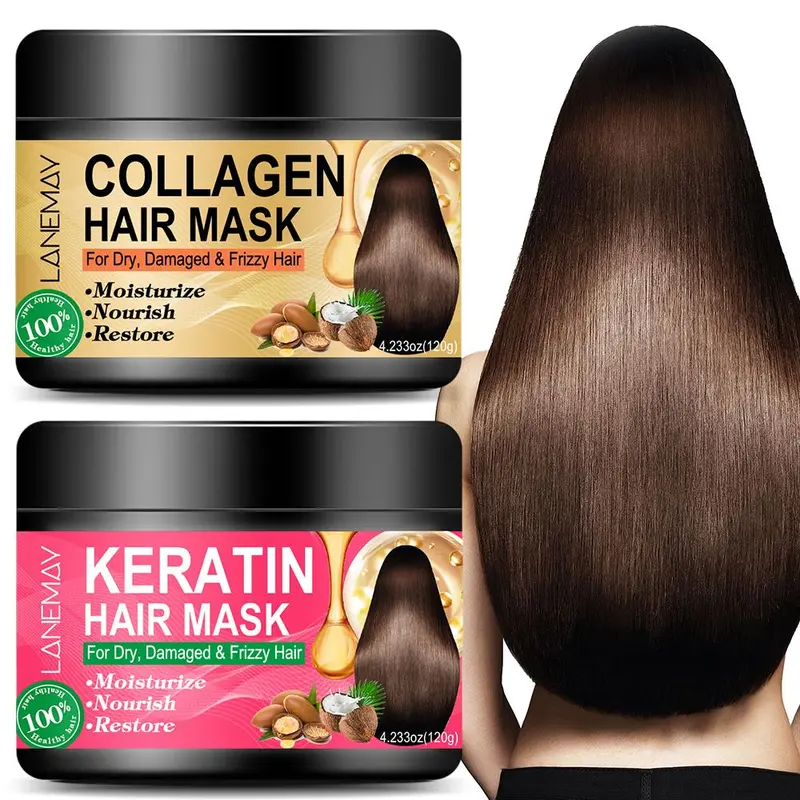 Collagen & Keratin Hair Treatment Mask for Damaged Hair, Intense Nourishing Treatment, Deep Conditioner for Dry Hair, Repair Formula, Frizz Control, Vitamin E Hydrating Mask with Argan & Jojoba Oil for All Hair Types 2 Pack Intensive Haircare