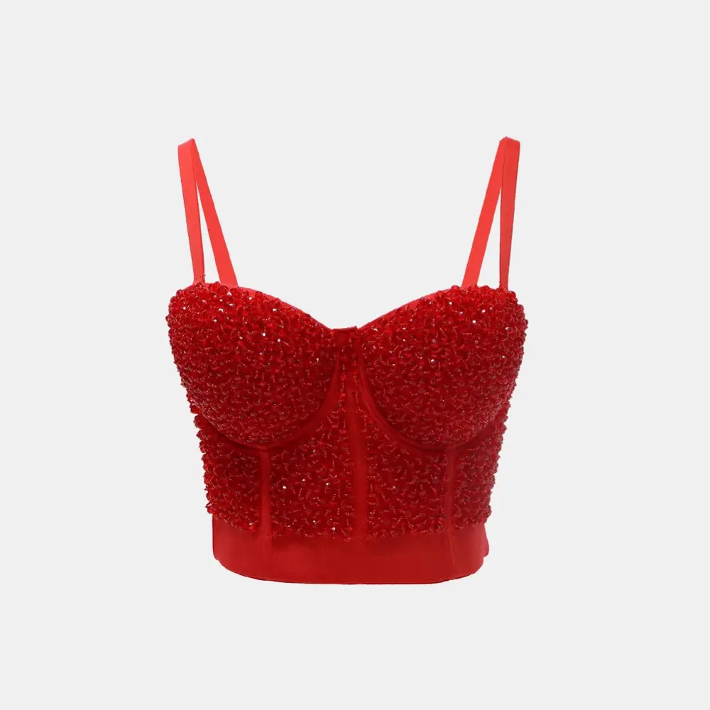 Women's Elegant Red Corset Top with Rhinestone Spaghetti Straps, Sexy Sleeveless Fishbone Bustier Crop Top for Party Outfits, Spaghetti Strap, Elegant Sleeveless, Dressy Tops