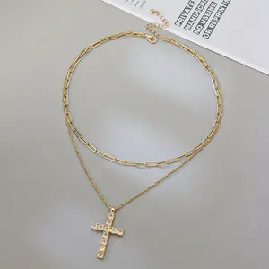 New cross necklace double layer stacking micro-inlaid rhinestone alloy cross pendant necklace Cross Necklace for Husband Valentines Gift
