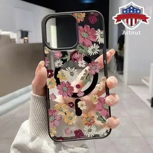 Blooming Beautiful Flowers Pattern Magnetic Phone Case Supports Wireless Charging for iPhone 16 15 14 Pro Max 13 12 11 XR XS E Plus Shockproof Non Slip Protection Silicone Transparent Acrylic Cover Cellphone Protective
