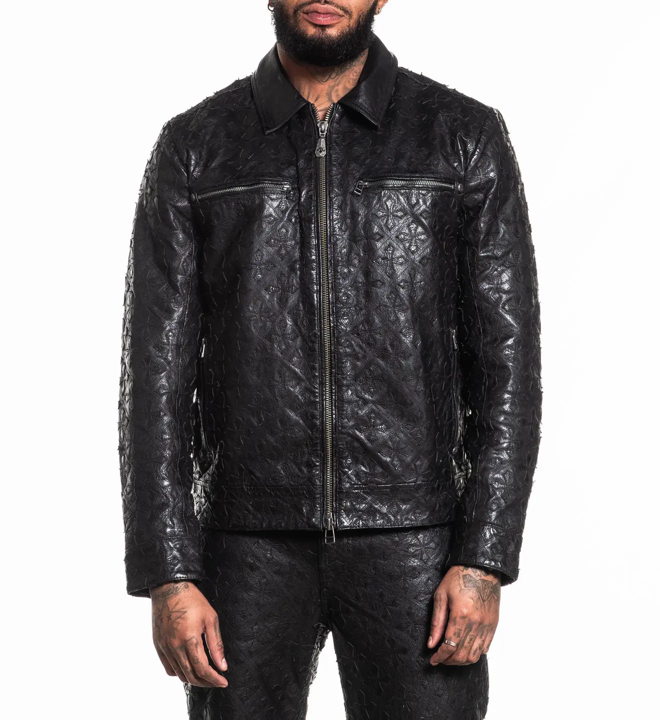 Affliction Men's Faux Leather Jacket Quilted Cross Affliction Men's Faux Leather Jacket Quilted Cross