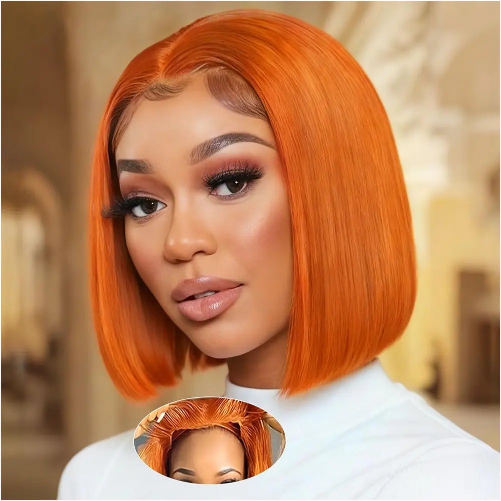 Neihky Orange Lace Front Wigs Human Hair for Black Woman, Pre Plucked 4x4 Hd Lace Frontal Wigs Human Hair 180 Density Glueless Straight Bob Frontal Wig Human Hair with Baby Hair