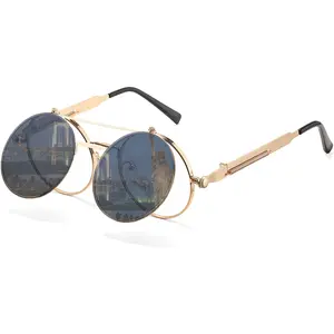Round Flip Up Sunglasses for Men Women Circle Rave Glasses 90's Vintage Steampunk Style