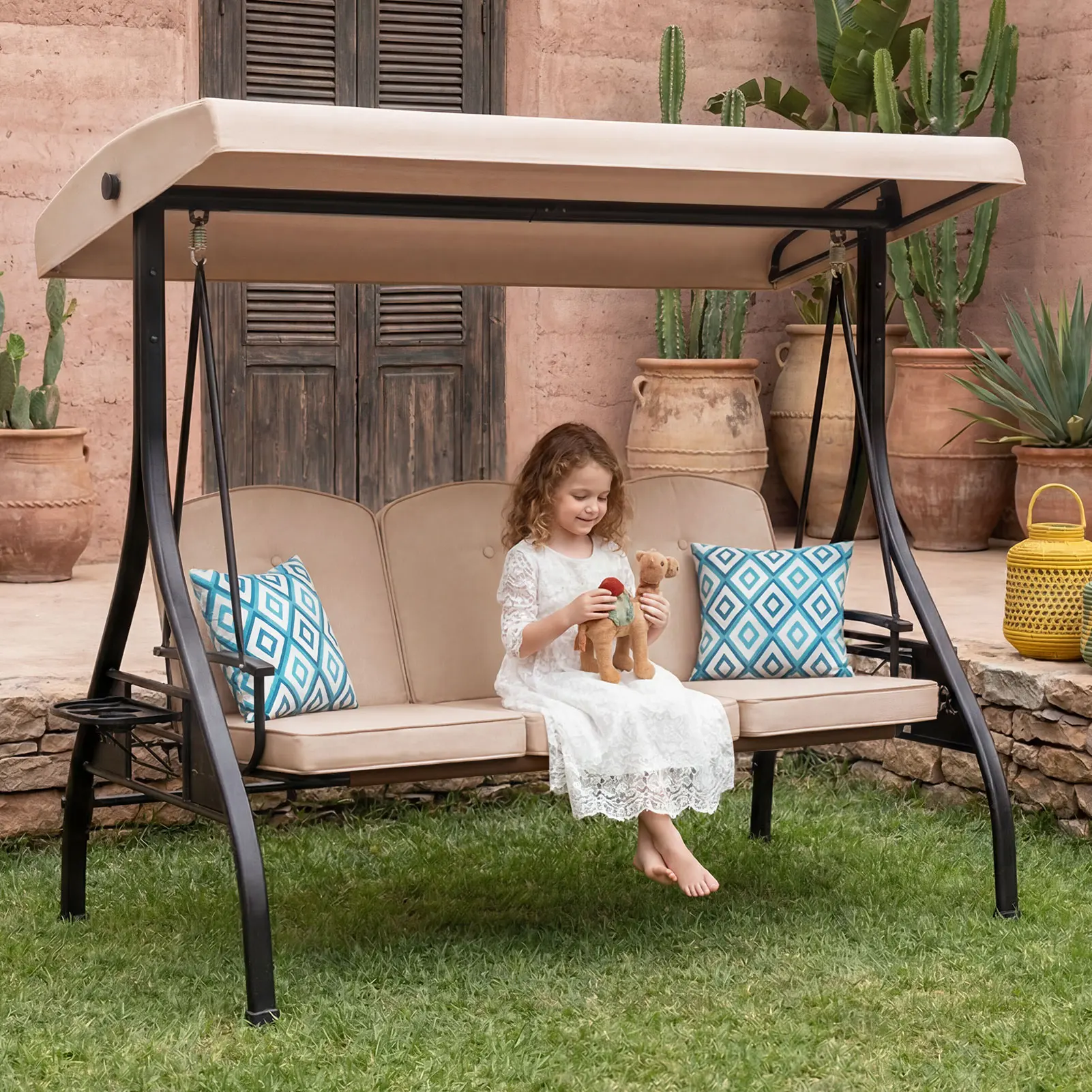 3-Seat Outdoor Canopy Porch Swing with Stand, 2 in 1 Porch Swing Bed & Yard Swing Extra 2 Piece Free Pillows and Cup Holder