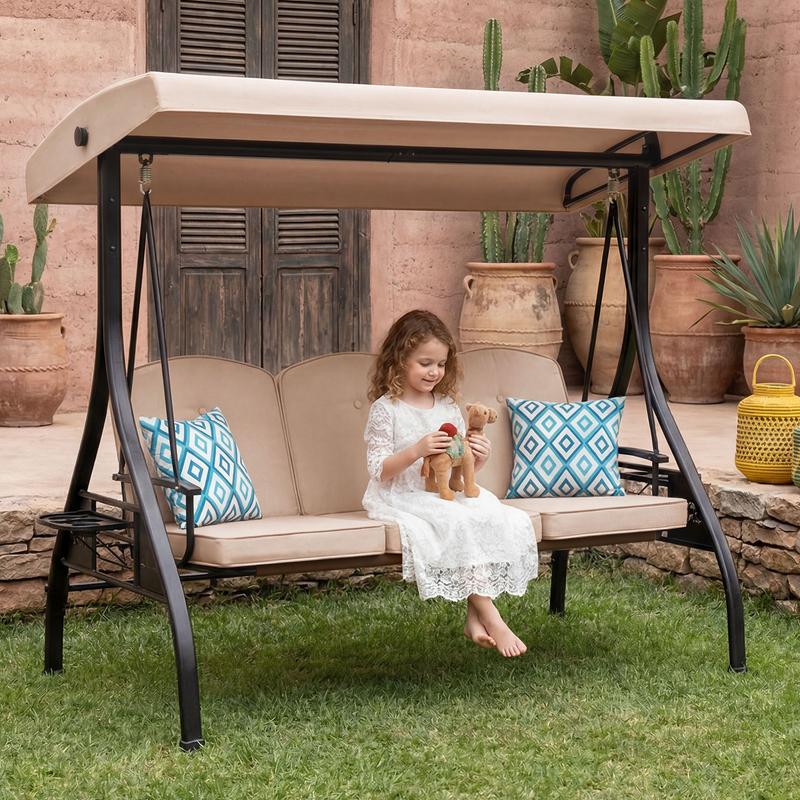 【SohoChic】ZZWHOM 3-Seat 2-in-1 Porch Swing Chair - Thick Foam Cushion, Iron Frame, Anti-Tear Canopy, Free 2-Piece Pillows & Cup Holder, Weatherproof, 800lbs Capacity, Requires Setup (Patio Swings Outdoor)
