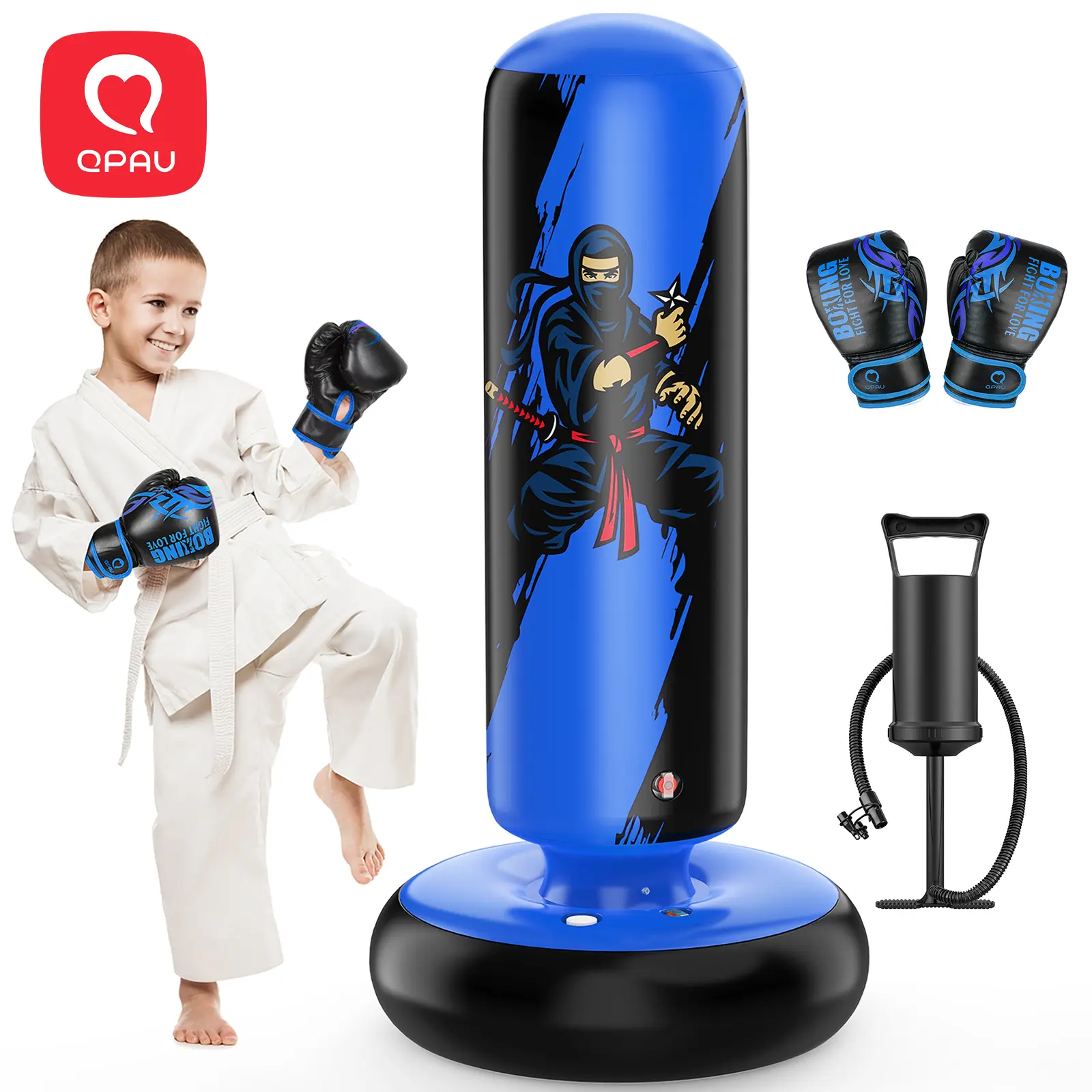 QPAU 66 Inch Punching Bag for Kids 6+ with Gloves and Pump, Premium PVC Inflatable Rebound Boxing Bag Set Stable Stand for Karate Taekwondo MMA Training Exercise Fitness Strength Fun for 6-12 Kids