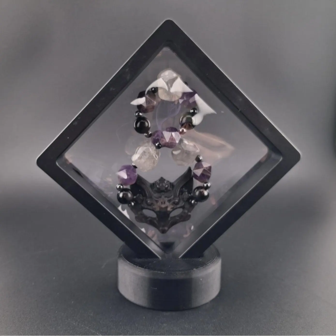 Unisex Natural Crystal Fox Mask Bracelet - Faceted Amethyst, Dark and Smoky Silver Obsidian, Quartz, Cloudy Quartz Jewelry Accessory for Crystal Enthusiasts