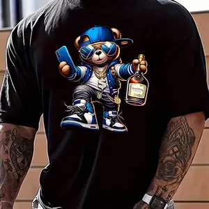 Men's Short Sleeve Pure Cotton Sports T-Shirt, Summer Fashionable Casual Loose Fit, Cartoon Bear Printed Round Neck Top