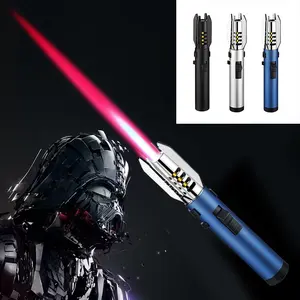 Large flame torch, adjustable with refillable red flame, features a bright igniter with safety lock and switch lock. Windproof flame torch with large butane gas tank, suitable for emergencies, campfires, barbecues, and gifts (butane gas not included)