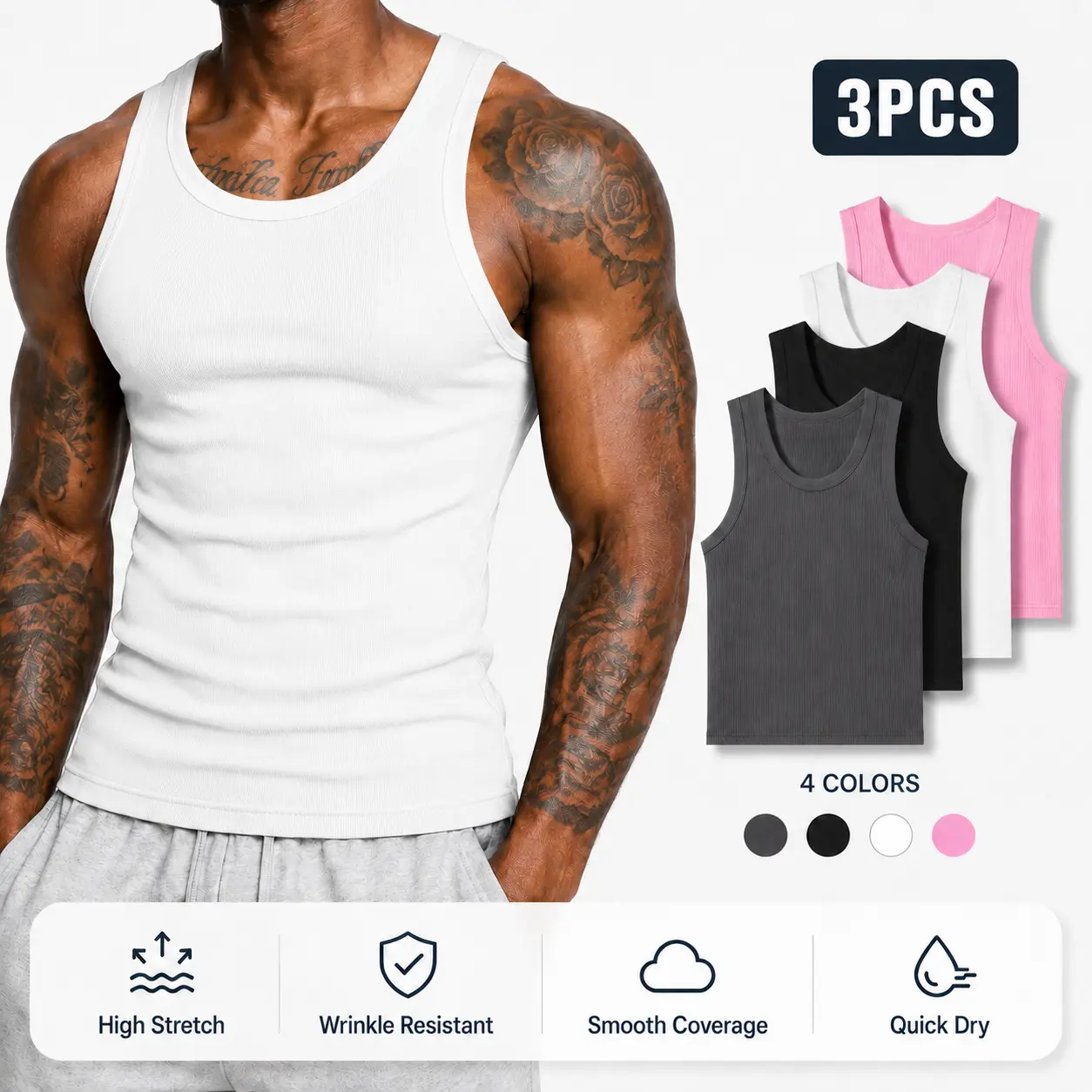 3-pack summer men’s anti-wrinkle, no-bulge, high-stretch sleeveless U-neck tank tops—colorfast, wear-resistant, non-pilling, shape-stable; suitable for everyday, sports, indoor, and casual wear.