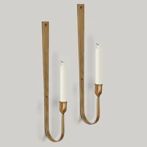 Wall Candle Holder Set of 2 - Golden Metal Wall Sconces, Rust-Resistant Wall Mount Candle Holders for Living Room, Fireplace, Wedding Decor, Modern Farmhouse Wall Decor with Installation Hardware