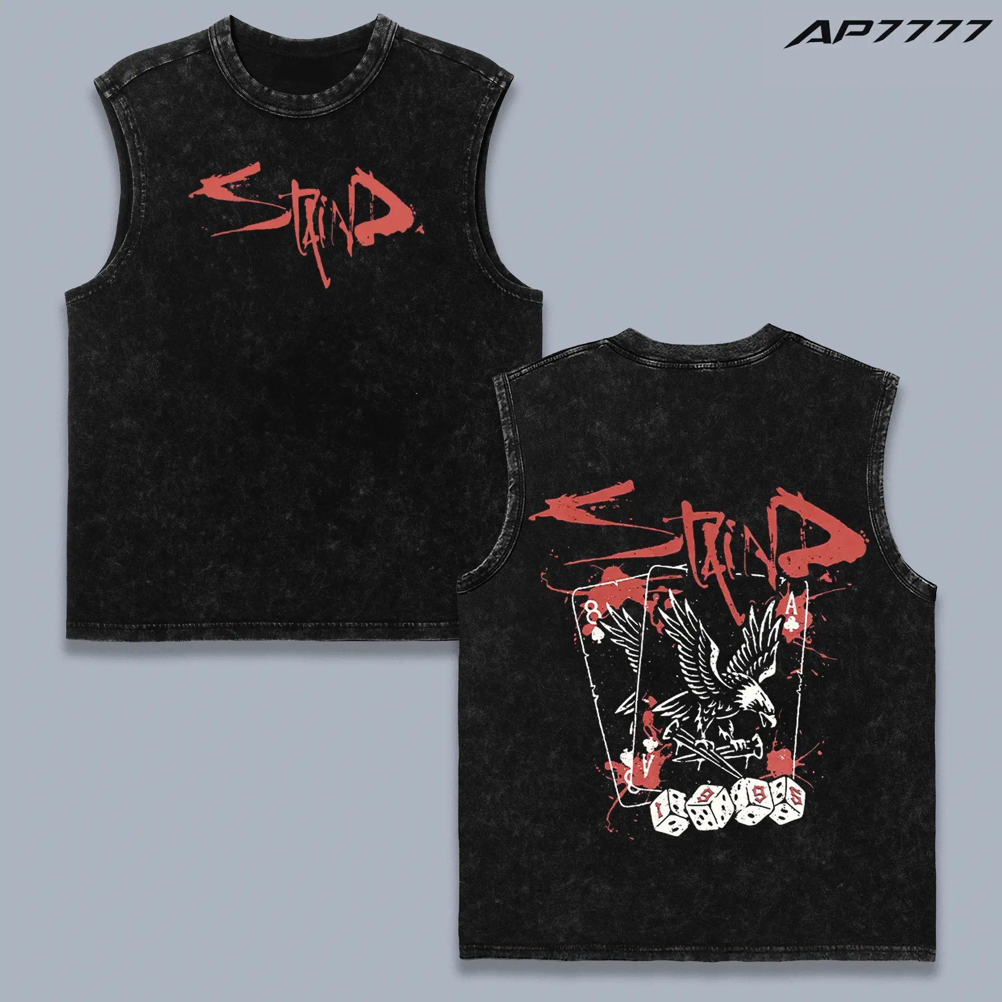 Staind Eagle Playing Cards Vintage Washed Oversized Sleeveless T-Shirt, Front and Back Graphic Tank Top, Unisex Heavy Cotton Alternative Metal Rock Band Concert Streetwear, 2000s Music Fan Gift