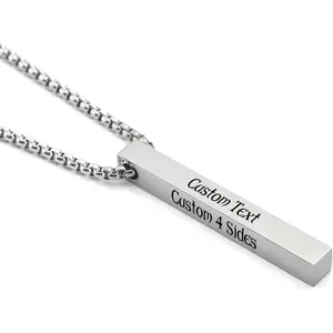 Personalized 3D Bar Vertical Pendant Necklace - Custom 4 Sided Name Text Necklace Engraved Cuboid Stick Necklace Personalized Valentine's Day Gifts for Women Men Couple